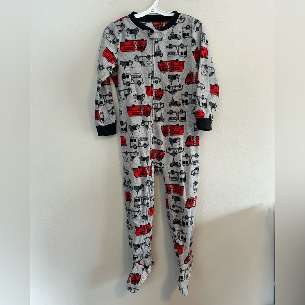 Carter's 4t Gray Fleece zip up sleeper with Red Fire Truck Print